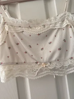 Coquette Dainty Cream Lace Trim Mini Floral Rosette Bow Cami Tank thumbnail 3