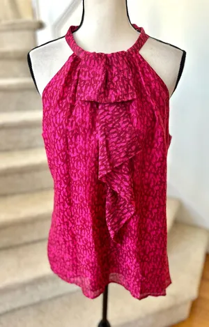 Ann Taylor Hot Pink Silk Tie Dye Ruffle Front Sleeveless Tank Top Blouse thumbnail 1