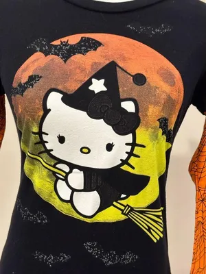 Hello Kitty Orange Black White & Yellow Flying Witch Long Sleeves T Shirt Sz S J thumbnail 2