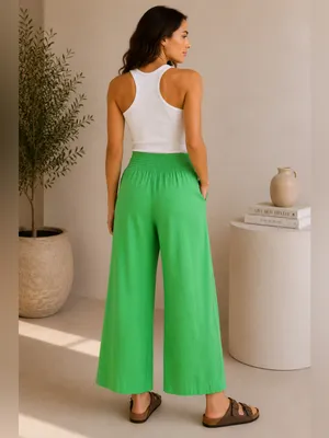 HYFVE Linen Blend Wide Leg Pants High Rise Smocked Waist Kelly Green M thumbnail 6
