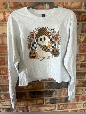 Gildan Light Gray Long Sleeve Cropped Ghost Graphic Tee with Orange Accents thumbnail 1
