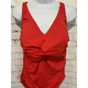 Denim & Co. Beach Twist V-Neck One-Piece with Ruching Red Plus Size 16 thumbnail 2