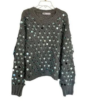 Zara Green Sequined Crewneck Long Sleeve Knit Pullover Sweater Size Large thumbnail 1