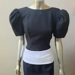Vintage 80s Black White Puff Sleeve Column Maxi Dress Open Back Prom Goth Formal thumbnail 5