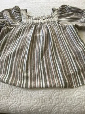 Studio West Brown Multi-Stripe Square Neck Peasant Blouse Linen and Cotton Blend thumbnail 8