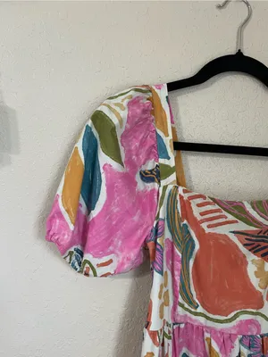 Vibrant Tropical Abstract Print Puff Sleeve Tiered Dress Square Neck Size XS thumbnail 9