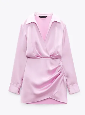 mini dress satin effect drapped long sleeve pink party wedding coctail thumbnail 5