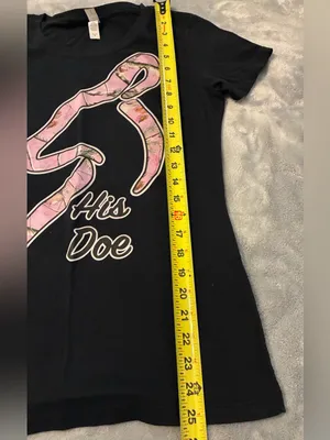 Women’s Ideal T by NEXT LEVEL Black Tee with Pink Camo Ribbon "His Doe" Size M thumbnail 4