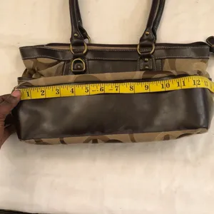 2000s Y2K Tan khaki brown beige shoulder hand school book laptop bag purse hobo tote monogram canvas faux leather. Great condition. Measurements in pics #boho #western #whimsygoth #grunge thumbnail 7