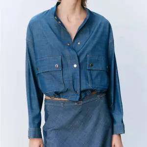 Zara NWT navy blue denim print pocket front bomber jacket thumbnail 3