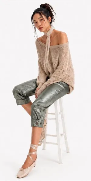 NEW Free People Ryder Pants L Metallic Silver Satin Moto Crop Vegan Shiny Green thumbnail 1
