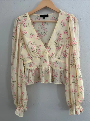Lulu's Pale Yellow Floral V-Neck Ruffle Peplum Blouse Cropped Pastel Spring thumbnail 1