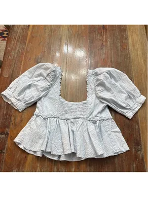 Free People Baby Blue Seersucker Puff Sleeve Babydoll Top Smocked Back S thumbnail 11