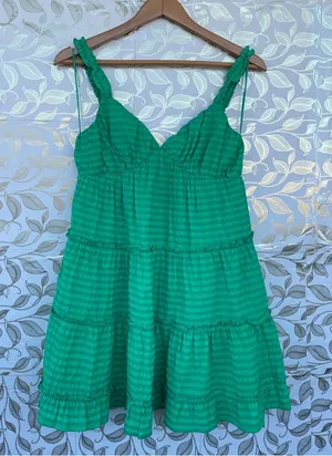 Meet Me In Santorini Green Tiered Mini Dress Smocked Straps Size S thumbnail 1