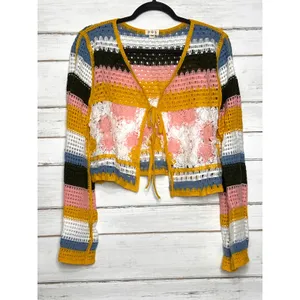 POL Crochet Tie Front Cardigan Floral Lace Striped Boho Sweater Medium thumbnail 2