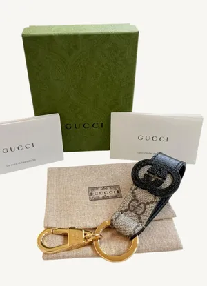 Gucci Interlocking G Keychain Ring Bag Charm GG Supreme Black Leather 701432 NIB thumbnail 1