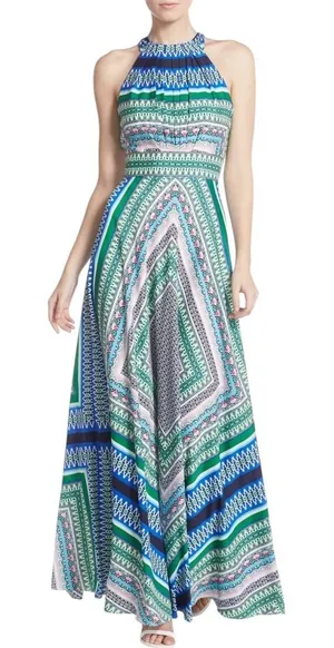 NWT Eliza J Scarf Print Chiffon Maxi Dress‎ Size 2 Vacation Feminine Colorful thumbnail 1