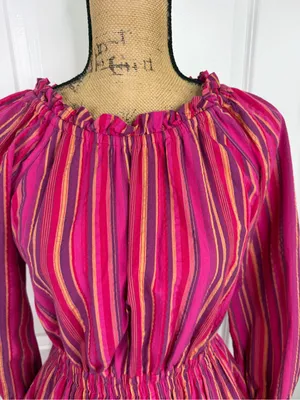 BURU Size S Pink Striped Cotton Long Sleeve Tiered Mini Dress thumbnail 3