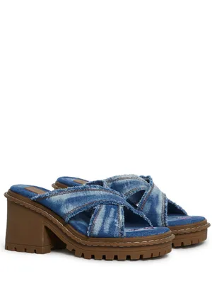 Delia's by Dolls Kill Star Worthy Cross Strap Slides 7 Denim Block Heel Sandals thumbnail 2