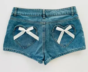 EDIKTED Jean Shorts Heart Pocket Bow Detail NEW Size Large Mini Cheeky thumbnail 1