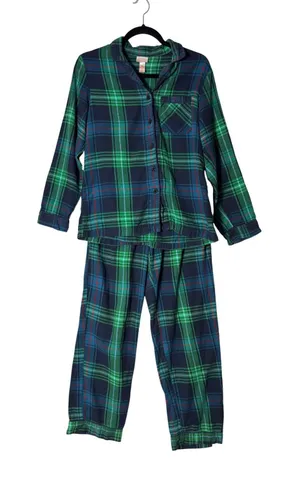 Wondershop Womens Pajama Set XS Green Blue Plaid Flannel Cotton Holiday Classic thumbnail 1