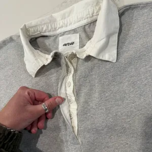 Aerie Cotton Prep Rugby Oversized Polo Long Sleeve Shirt Women’s XS Gray/White thumbnail 4