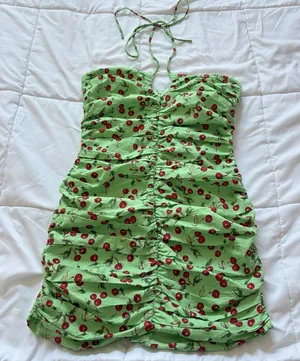 NWT Green Ruched Halter Tie Mini Bodycon Dress Womens‎ Size Small Cherry Summer thumbnail 1