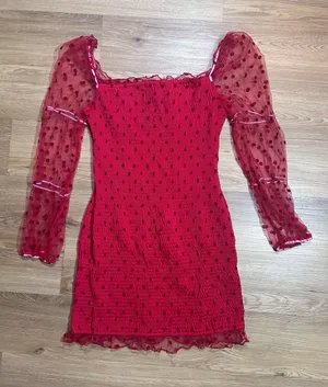 LIBASHA Size L Red Polka Dot Smocked Mini Dress Sheer Puff Sleeves thumbnail 1