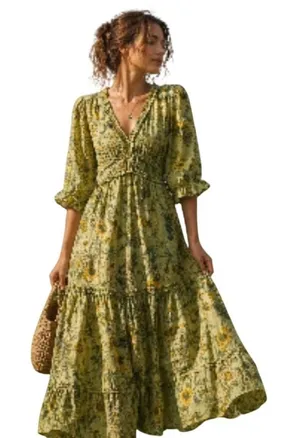 Floral Romantic Prairie Midi Maxi Dress Yellow Green Botanical Ruffle Size Large thumbnail 1