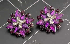 Vintage Stud Earrings 1.25" Purple & Clear Gems Regal Large Statement thumbnail 1