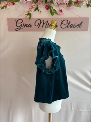 Free People Velvet Puff Sleeve Top in Teal, Size Small thumbnail 3