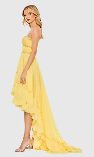 NWT Mac Duggal Yellow Beaded Ruffle High Low Gown Size 0 thumbnail 1
