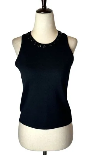 Saks Fifth Avenue Sweater Women Small Petite Black Wool Beaded Neck Tank Gothic thumbnail 1