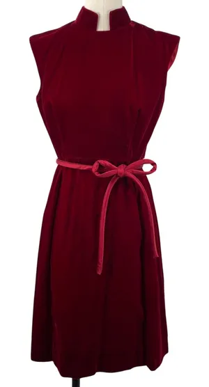 Vintage 60s Velvet Belted Tie Waist Mini Dress High Neck Stand Collar Maroon Red thumbnail 1