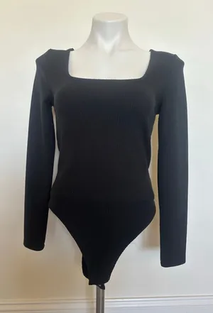 A New Day Black Ribbed Square Neck Bodysuit Medium thumbnail 1