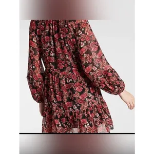 EXPRESS XL Black Mini Dress Black Rose Pink Floral Print Chiffon Flowy Flirty thumbnail 8