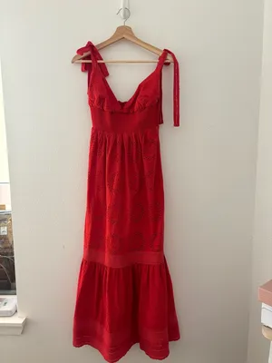 Alice + Olivia Levine Smocked Eyelet Maxi Dress in Bright Poppy Red thumbnail 3