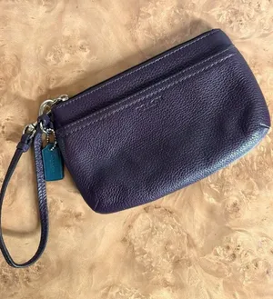 Coach Plum Purple Pebbled Leather Wristlet Pouch Zip Clutch thumbnail 1