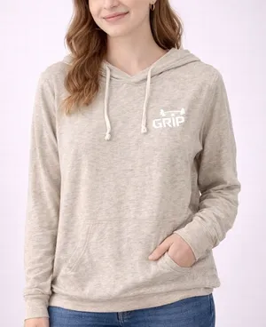 Barbell Workout Lightweight Hoodie Womens Large Beige Gym Pullover thumbnail 1