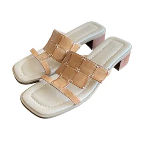 Danelle Vintage Tan Leather Woven Slide Sandals Block Heel Square Toe Boho 5M thumbnail 2