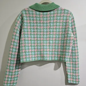 Zara Green‎ Pink Houndstooth Cropped Knit Cardigan Polo Collar Button Front M thumbnail 9