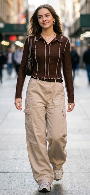 Divided Dark Brown Long-Sleeve Button-Down Top with Contrast Seams thumbnail 1