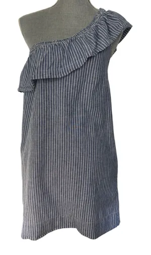 Aqua Linen Blend Blue White Striped One Shoulder Mini Dress S Ruffle Pockets thumbnail 1