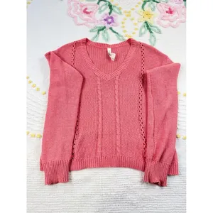 Aeropostale‎ Women's V-Neck Knit Sweater Coral Pink Cable Stitch Medium thumbnail 2