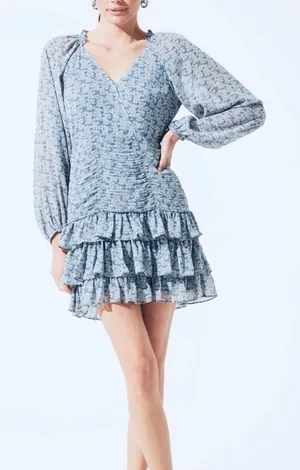 ASTR y2k Blue Multi Floral Ruched Tiered Ruffle Mini Dress boho cottage whimsi M thumbnail 1