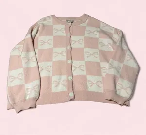 Sincerely Jules Pink and White Checkerboard Bow Cardigan thumbnail 1