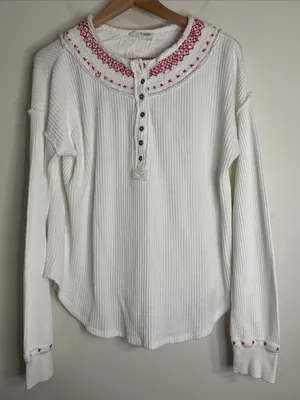 Free People Embroidered Holly Henley Thermal Waffle Knit White HenleyTee size L thumbnail 2