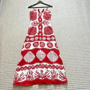 NWOT FARM RIO White Red Ainika Shell Maxi Dress Size M Linen Blend thumbnail 11