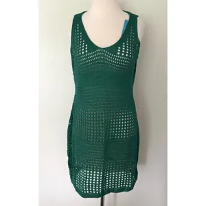 Cupshe Emerald Green Open Knit Crochet Mermaidcore Beach Mini CoverUp Dress Sz L thumbnail 2