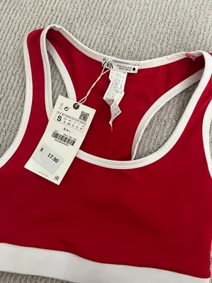 ZARA Sports Bra Red White Trim Tank Crop Top Activewear Nylon thumbnail 2